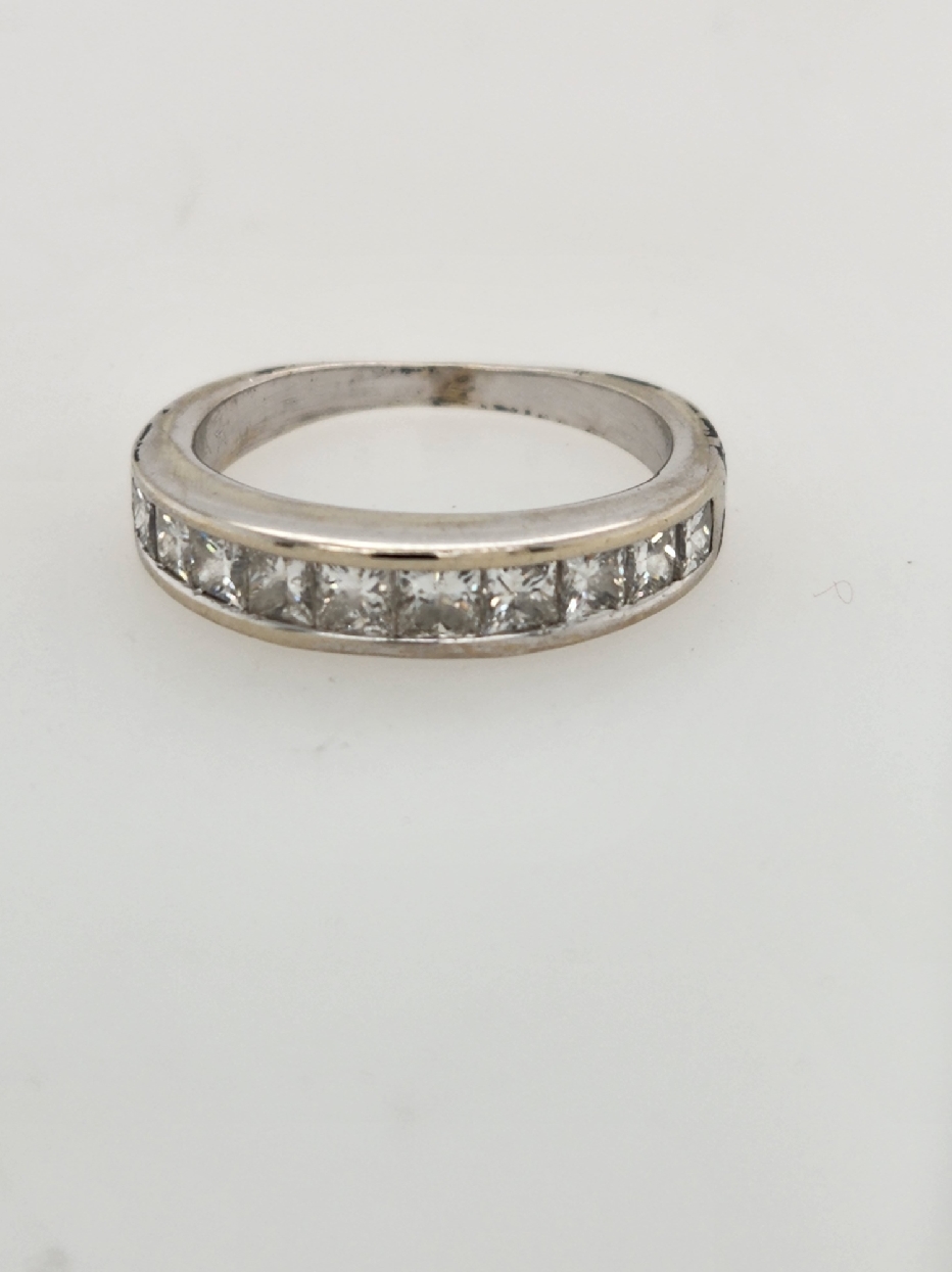 14kt white gold anniversary band with 10 princess cut diamonds; size 6 
0.80 CTTW H Color; SI1 Clarity 