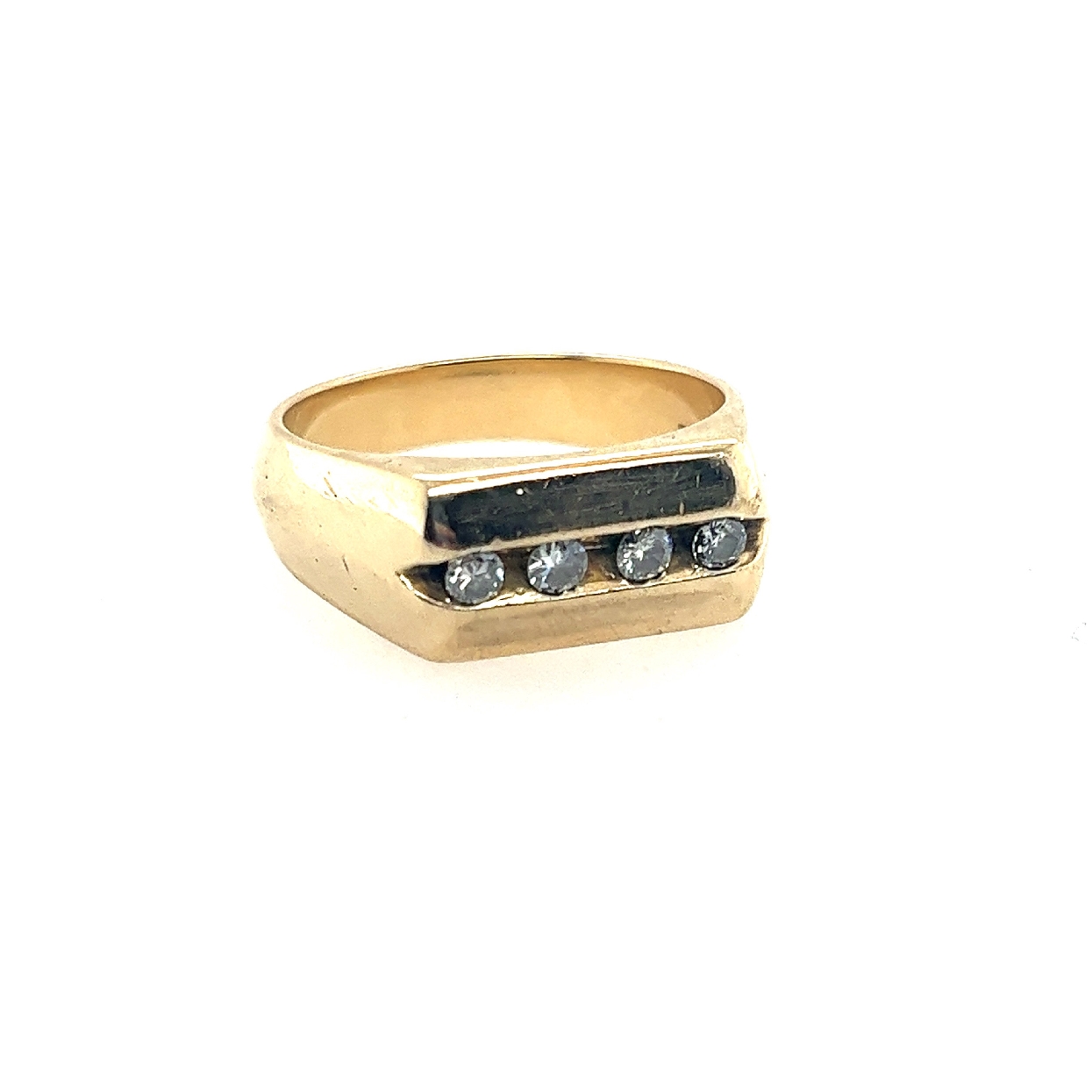 14K Yellow Gold Mens Wedding/Signet Style Ring with Four Channel Set Diamonds 

SI2/H .02ctw
Size 10.5