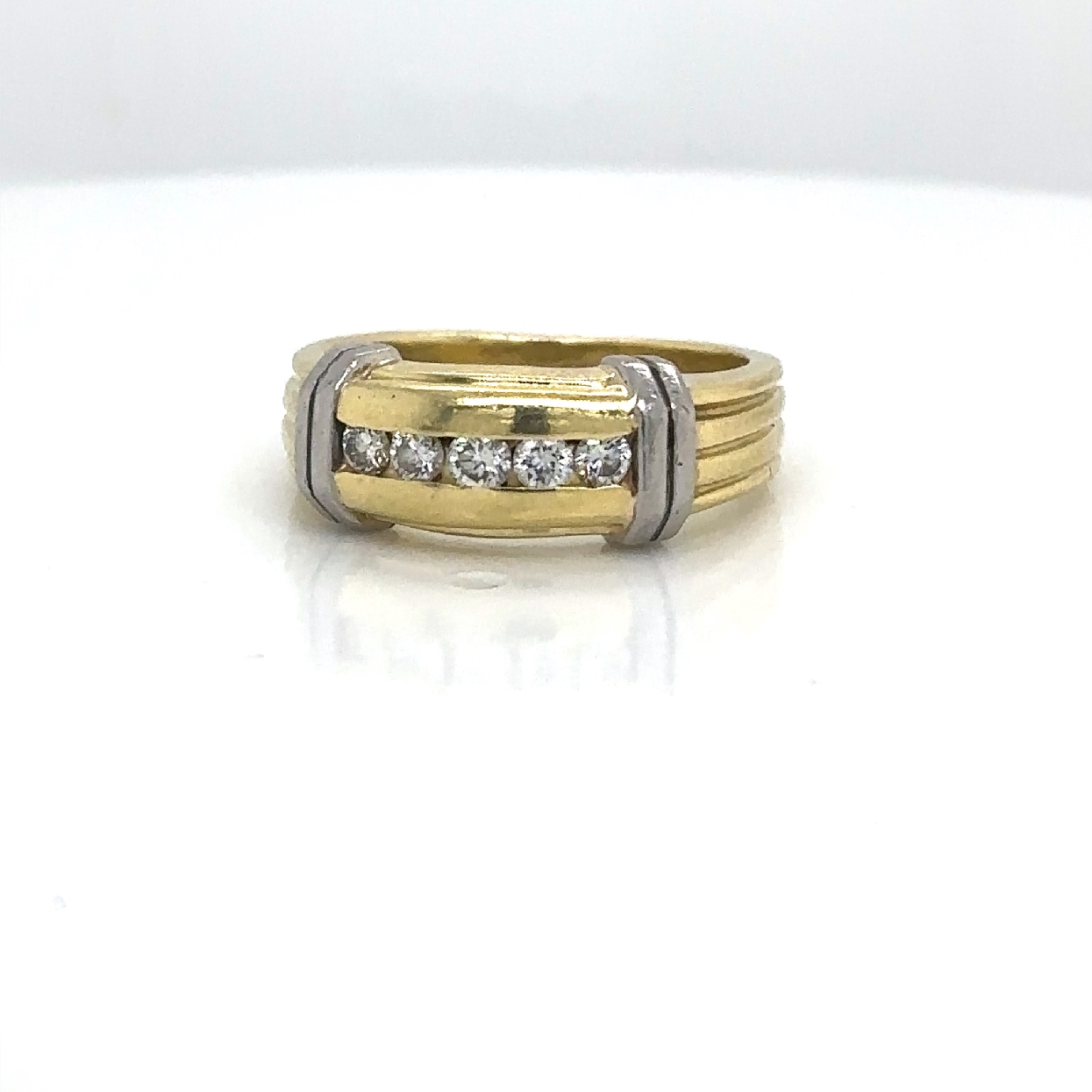 18K Yellow Gold Wedding Band with Platinum Accents
G/VS
.50ct

Size 7.25