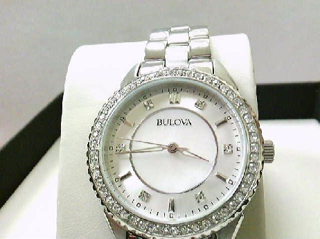 111: Ladies white crystal Mother of Pearl dial buckle watch strap