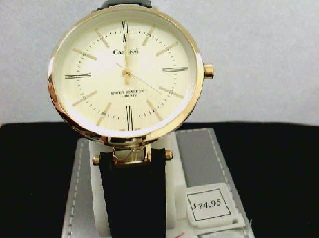 117: Ladies Cardinal Gold tone black leather strap large dial analog watch