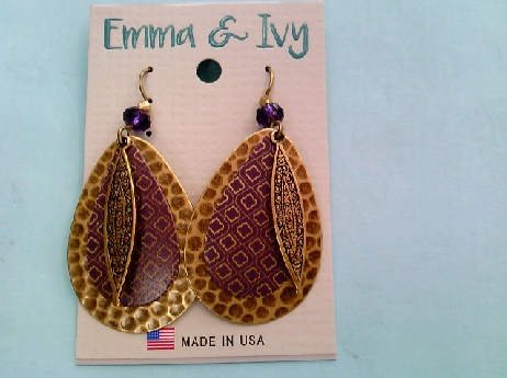 1174: Emma and Ivy fashion earrings of tear drop shaped hammered brass with pruple laser colored pattern 