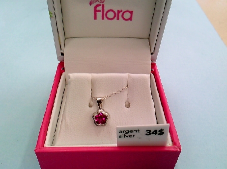 1289: One sterling silver Floral Brand Fushia stone Flower pendant on a rolo style chain