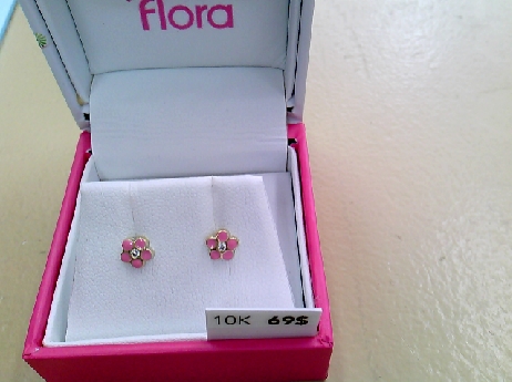 1301: One pair of 10k yellow gold Floral Brand pink Flower with white cubic zircoina thread back stud earrings