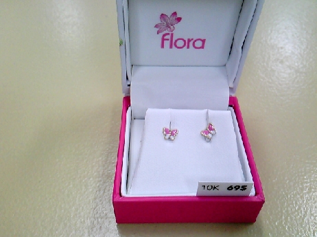 1303: One pair of 10k yellow gold Floral Brand  pink/white Butterfly thread back stud earrings