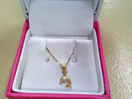 1310: One 10k yellow gold Floral Brand Dolphin white cubci zirconia stone pendant on a fine box link style chain