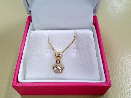 1312: One 10k yellow Floral Brand white cubic zirconia flower pendant on a box link style chain 