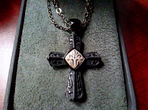 1418: One Chisel Titanium sterling silver Black Ti tm polished Etched cross necklace