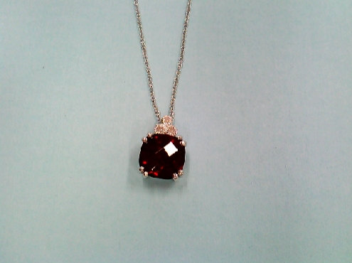 1573: One 10k white gold cable style chain with a 8x8 mm cushion checkerboard faceteed genuine Garnet with three rbc diamonds 0.03crtw.