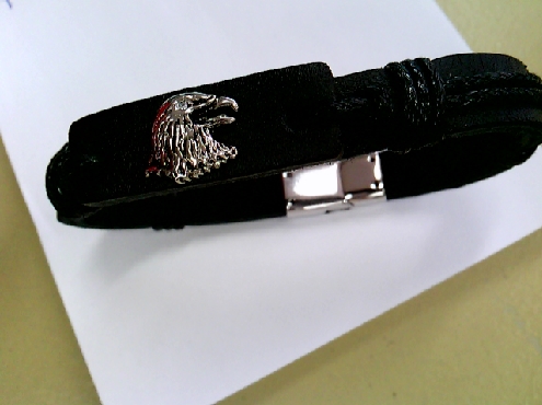 1752: One  man s Chisel brand stainless steel Polished Antiqued Eagle head black leather bracelet