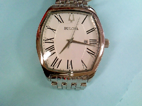 1795: One Bulova laies stainless steel white dial roman numbers date bracelet watch 