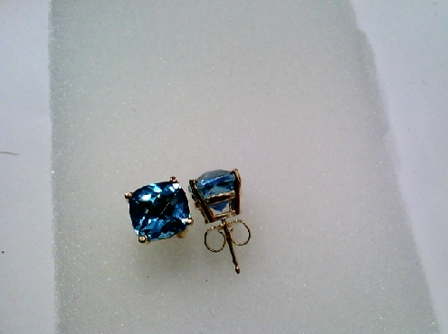 1957: One pair of 14k yellow gold double gallery earrings set with two genuine checkerboard cushion cut Blue Topaz stones