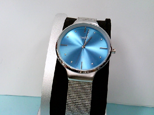 2251: Ladies silver Mesh Braceet; Cardnial watch with blue face