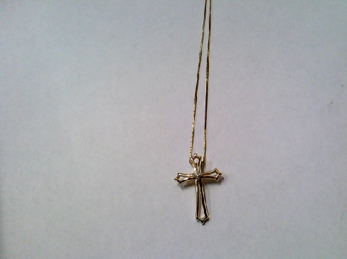 2418: One 14k yellow gold open Cross set with one RBC diamond on a 18 inch fine box link chain