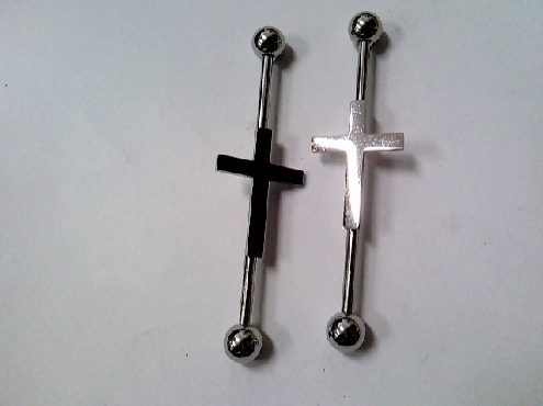 2428: Hollywood Body jewellery surgical steel industrial bar with Cross in middle 
1.5inches