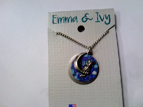 2516: Emma & Ivy 18 inch chain with a round laser printed geometric blue/purp;e pattern with an Owl and Crescent moon motif