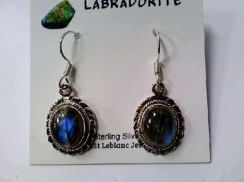 2525: One pair of sterling silver 925 genuine oval Labradorite stone fishwire dangle earrings