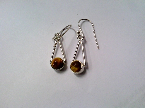 2529: One pair of sterling silver round genuine Tiger eye stones in a wishbone motif dangle style earring