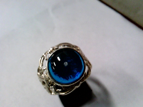 2584: One 925 sterling silver custom made Inclusion tm blue glass with diamond filagree style ladies ring 