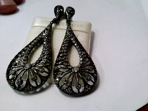 2618: One pair of Black Rhodium plated sterling silver open filagree white crystal set dangle earrings