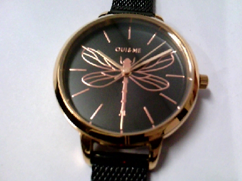 2639: One ladies OUI & Me black mess band/rose gold case and Dragonfly motif on black dial watch 