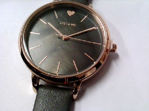 2643: One ladies OUI & ME watch with a Grey Mother of Pearl dial and heart digit. grey lleather strap 