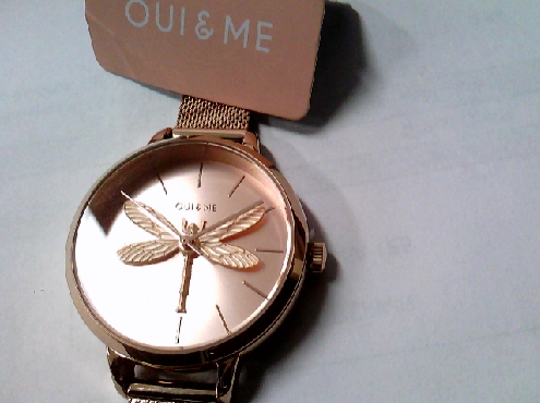 2655: One ladies OUI & ME brand watch of rose gold plate round case with a 3D Dragonfly on dial. Mess band