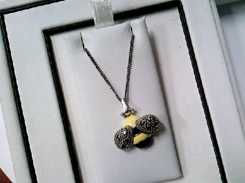 2698: One sterling silver 925 curb link style chain with a Bumble Bee charm set with Marcasite stone and black and yellow enamel