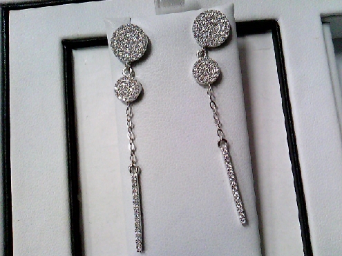 2702: One pair of 925 Sterling silver double circle bar dangle style earrings set with White Cubic Zirconia s