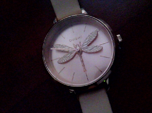 3085: One ladies Oui & Me brand Rose gold plated leather watch stap watch with a #D Dragonfly on Dial 