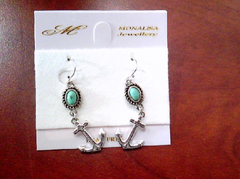 3681: One pair of costume jewellery ovla blue stone and Anchor motif fishwire dangle style earrings