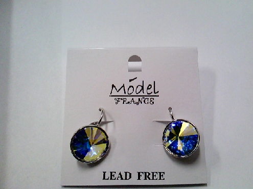 3754: One pair of Model France silver tone lever back dangle style earrings iwth round blue crystal