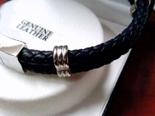 3830: One gents 9 inch double braided black leather and stainless steel fashion bracelet