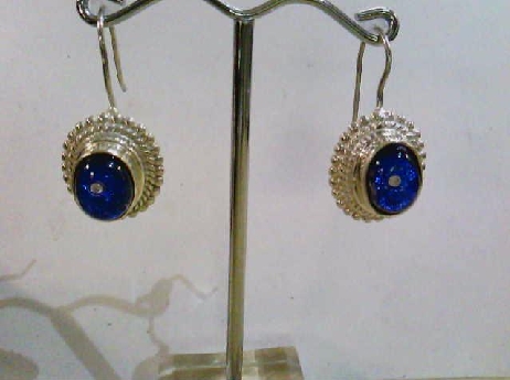 410: One pair of custom made oval fishwire dangle earrings with a beaded edge set with oval blue dichoric Inclusion tm Diamond stones