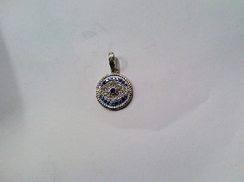 4187: One 925 sterling silver round evil eye pendantset with light blue and white stones