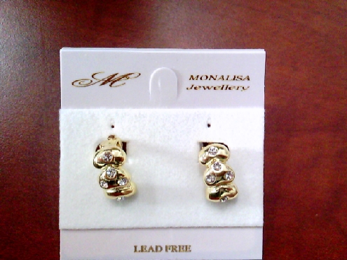 6383: One pair of costume jewellery gold tone white crystal clip earrings