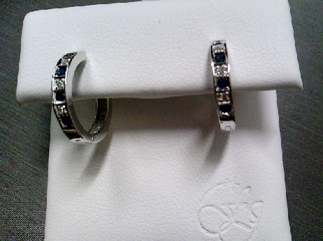 831: Forever Jewellery 10k white gold diamond and genuine sapphire channel set hoop earrings