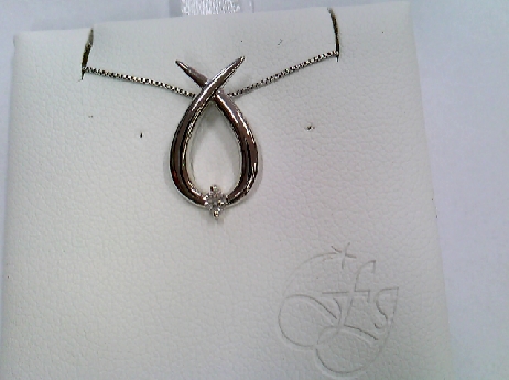 855: Forever Jewellery 10k white gold ribbon motif pendant set with a 1 full cut diamond .04 TW with a box link chain