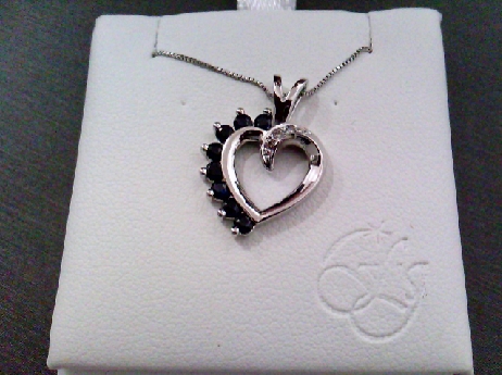 863: Forever Jewellery 10k white gold genuine 2mm Sapphire and 3 full cut diamond Heart pendant with box lin chain