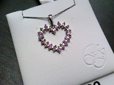 881: Forevr Jewellery genuine round pink Sapphire s of 1.5mm and 10 single cut diamonds  0.05crtw Heart pendant on a box chain