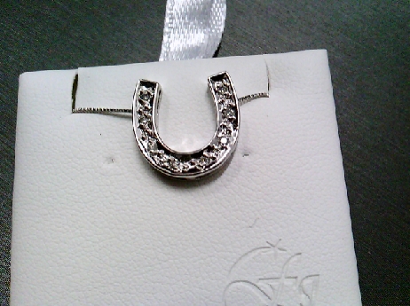 896: Forever Jewellery 10k white gold Horseshoe 8 full cut  diamonds .06crtw. pendant on a box chain