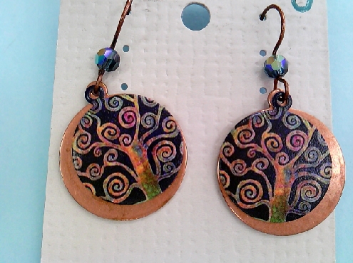 906: Fishwire dangle style earrings of copper and laser engrave colorful tree of life round disc