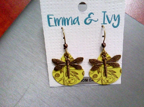 911: One pair of Emma & ivy Brass Dragonflies with an tear drop color laser engraved Leaf motif pattern earrings