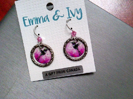 916: One pair of Emma & Ivy round color lasered disc with a Humminbird pink crystal fishwire dangle earrings