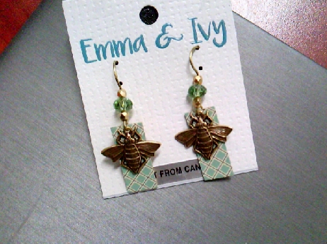 919: One pair of Emma & Ivy rectangle color lasered checker board pattern in green  with brass bee charms earrings