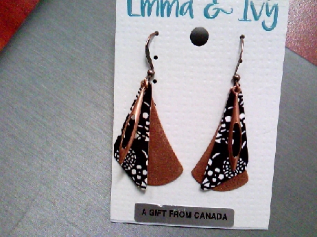 921: One pair of Emma & Ivy Copper colored metal disc with a black and white laser colored disc fish wire earrings