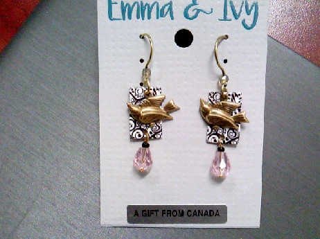 922: One pair of Emma & Ivy pink drop crystal fishwire earrings with Brass small song bird charms with a white&black color lasered retangular plate