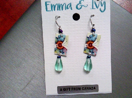 924: Emma & Ivy Aqua colored tear drop crystal fishwire earrings with a rectangular plate with color lasered Butterfly motifs