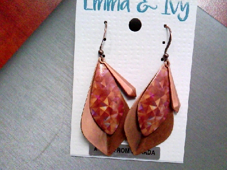 925: One pair of Emma and & Ivy brushed copper geometric shaped fishwire earrings  with a brown/pink geometic pattern 