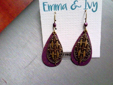 929: Emma & Ivy tear drop shaped fishwire earrings with a silver tone filagree berass lacey disc and a plum purple speckled laser engraved 